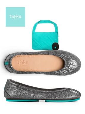TIEKS Slate Grey Croc Leather Ballet Flats + Reusable Tote Bag - EUC